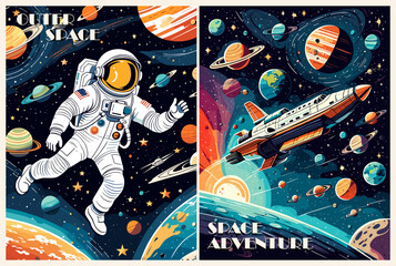 Astronaut in space retro Posters, backgrounds, covers vector set. Space and the universe concept. Cosmonaut in spacesuit flying in galaxy with stars and planets vintage style illustrations.