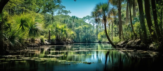 River flowing peacefully through lush green vegetation