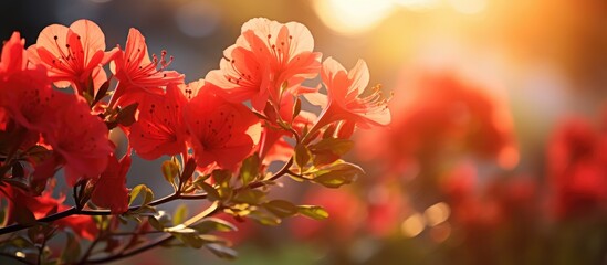 Red flowers bloom in garden sunshine