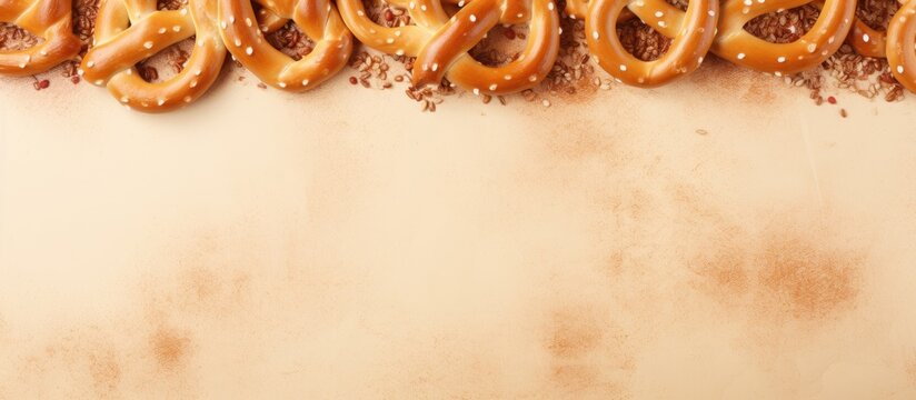 Many pretzels on table with brown backdrop