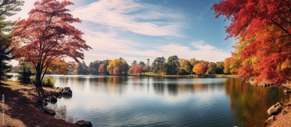 Aufkleber trees changing colors by lake in autumn