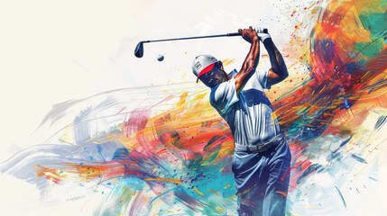 Golfer club swinging golf ball, coloured brushstroke background. Copy space Sport, exercise, motion impact