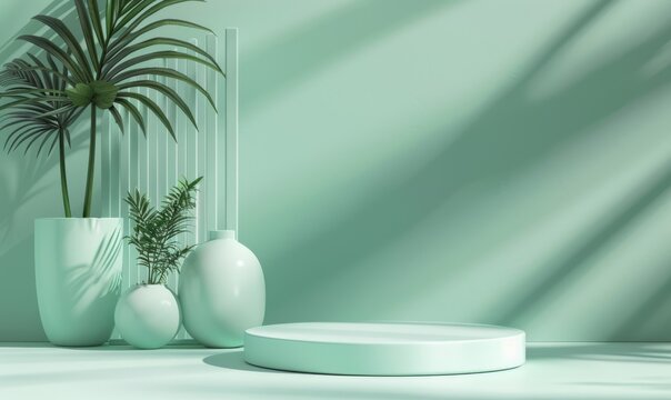 A mint green 3D-rendered room interior featuring a round podium for product display and adorned with potted plants and vases