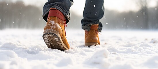 Person trekking through snowy landscape in sturdy boots