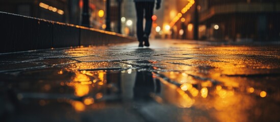 Person Walking Wet Night Sidewalk