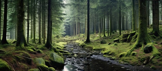 Stream Flowing Through Verdant Woods - obrazy, fototapety, plakaty
