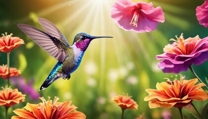 Fototapeta premium A hummingbird hovers delicately in mid-air, its iridescent feathers catching light, surrounded by a kaleidoscope of blooming flowers.. AI Generation
