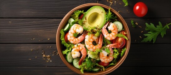 Bowl of fresh shrimp, lettuce, tomato, and avocado