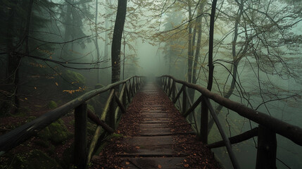 Mysterious Forest Bridge in Mist