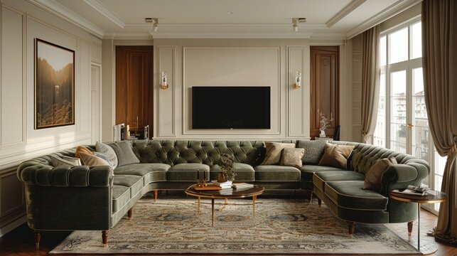 living room interior, in beige, neoclassical style, corner sofa in dark green color in the corner of the room, opposite the sofa is a TV, next to the coffee table, carpet, shot from the side