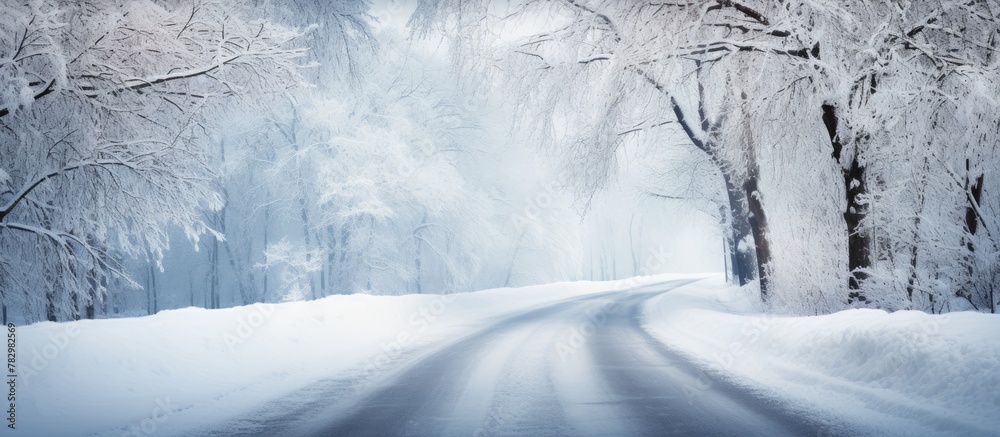 Poster snowy road with trees and snow on both sides