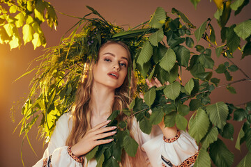A young mavka in traditional attire wearing a wreath of leaves, exuding a mystical and whimsical aura in a studio setting.
