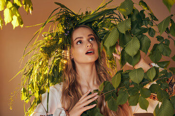 A young mavka in a traditional outfit stands gracefully in front of a lush green plant in a fairy and fantasy-themed studio setting.