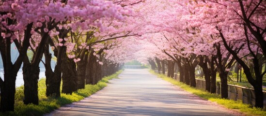 Tree-Lined Route Blooming with Pink Blossoms