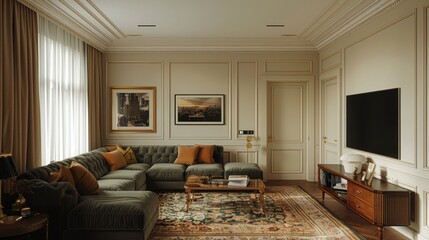 Fototapeta premium living room interior, in beige, neoclassical style, corner sofa in dark green color in the corner of the room, opposite the sofa is a TV, next to the coffee table, carpet, shot from the side