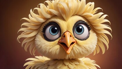 This image features a highly detailed yellow chick with a textured feathered appearance and soulful big eyes.