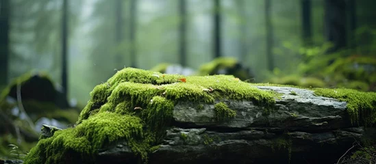 Rolgordijnen Mossy rock in serene forest setting © vxnaghiyev