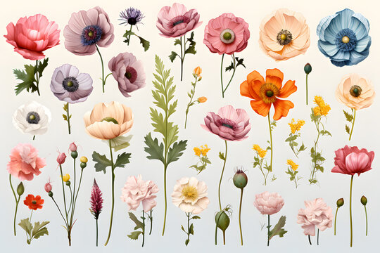 Colorful  flowers hand drawn collection isolated on white background