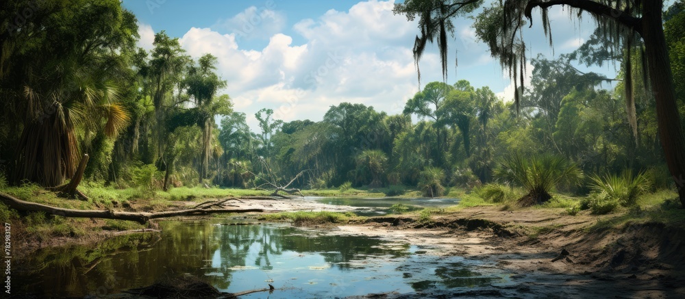 Poster river surrounded by trees and fallen tree