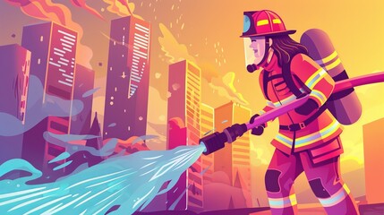 Putting out fire with hose, firefighter throwing water to on fire skyscrapers. Flat illustration.
