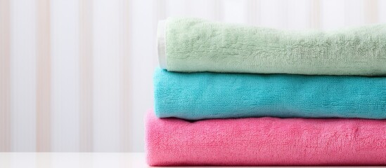 Three folded towels stacked on a table