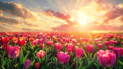 Spring flower field. Beautiful spring background. Tulips in spring garden.
