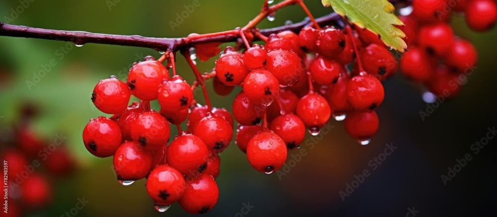 Poster red berries dangle on tree branch