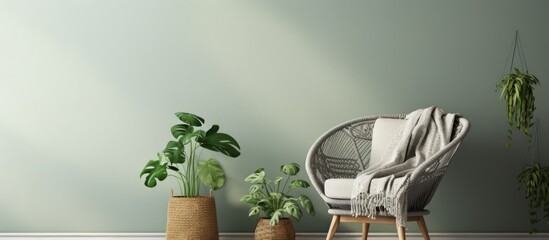 A room featuring a green chair and plant