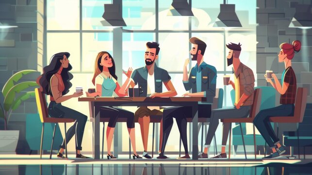 Coffee break in office with team of workers talking and drinking coffee. Flat modern illustration.
