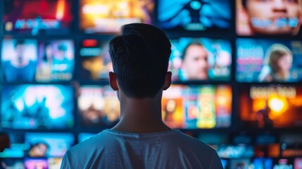 Man standing in front of a wall of screens displaying colorful multimedia content in a vibrant, modern setting