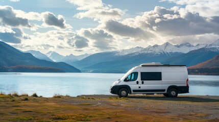 Fototapeta na wymiar Recreational vehicle parked by a serene lake with a breathtaking view of snow-capped mountains and autumn forest