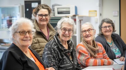 Group of joyful senior women together in a kitchen environment, sharing laughter and stories in a communal setting