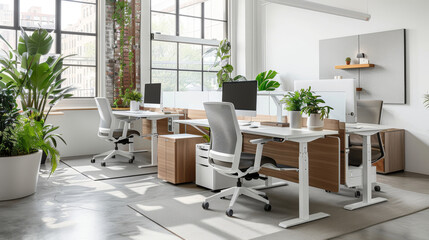 Bright and airy modern office space with large windows, standing desks, and lush green plants enhancing the workspace