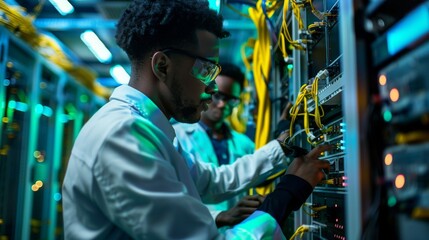 Network engineers in a server room troubleshooting and maintaining complex data center systems, technology at work