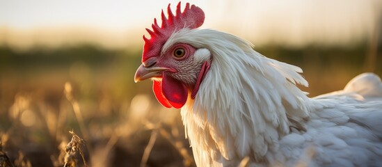 Chicken with crimson crest amid tall grass - obrazy, fototapety, plakaty