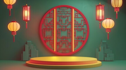 In this 3D illustration, a golden stage and a red Chinese window frame with some glowing lanterns are seen on a green background.