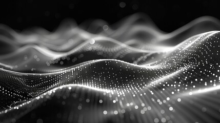 Elegant monochrome background with a dynamic wave made of sparkling digital particles, representing data flow or connectivity. - obrazy, fototapety, plakaty