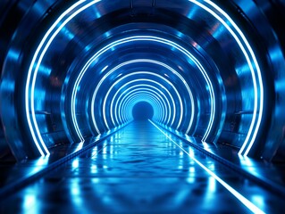 Abstract tunnel, corridor with rays of light and new highlights. blue background, neon. Scene with rays and lines, Round arch, light in motion, night view.