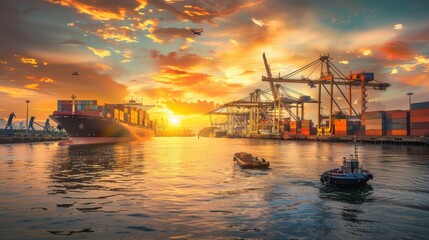 At sunrise, logistics and transportation scene shows Container Cargo ship and Cargo plane with working crane bridge in shipyard, symbolizing the import-export and transport industry.