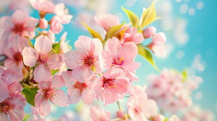 Spring banner, branches of blossoming cherry against background of blue sky and butterflies on nature outdoors.