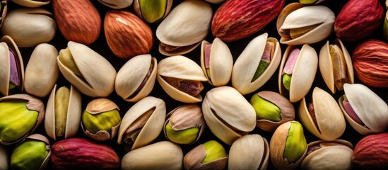 A single pistachio surrounded by a pile of assorted nuts - obrazy, fototapety, plakaty