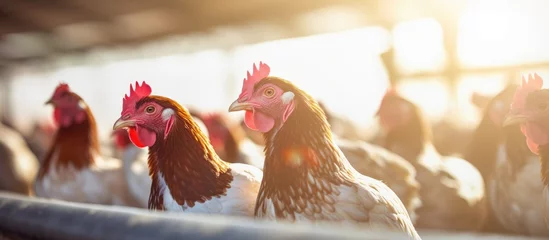 Gordijnen Chickens basking in sunlit pen © vxnaghiyev