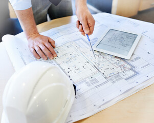 Project, architect and planning with tablet, design and hardhat for growth and development....