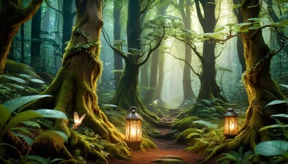 Mystical forest pathway illuminated by hanging lanterns, with lush greenery and a soft glow suggesting an ethereal ambiance. AI Generation