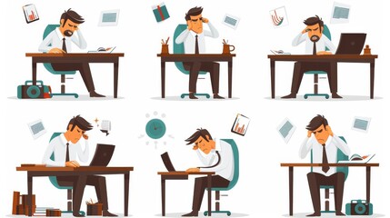 Symptoms of office syndrome in a flat style illustration of a businessman working in the office with headaches.