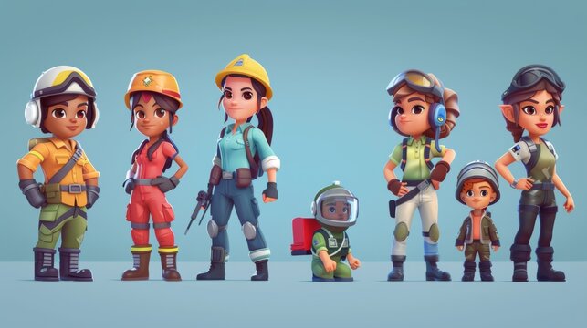 Women working in diverse professions. Character illustrations of a technician, construction worker, chef, attorney, firefighter, pilot, soldier, and businesswoman.