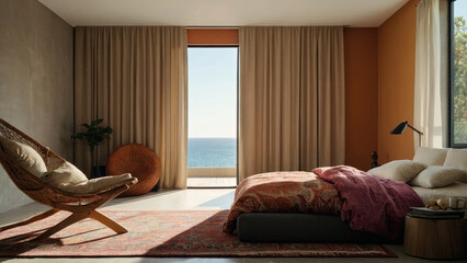 bedroom interior with the sea outside the window