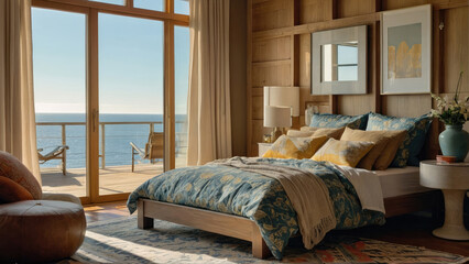 bedroom interior with the sea outside the window
