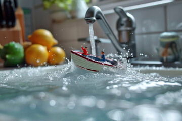 A miniature boat sailing on the water in a sink
