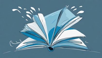 A blue open book with pages flying from it.
